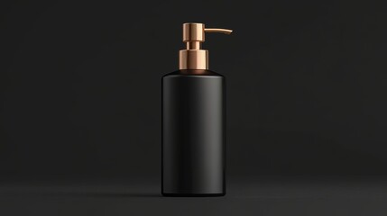 A black plastic bottle featuring a golden clip cap is presented in a modern isolated 3D mockup template, suitable for containing shampoo, shower gel, body lotion, or skincare products such as facial