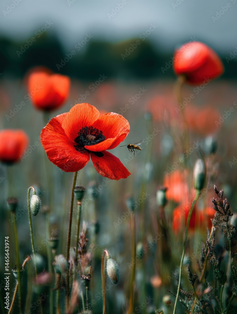 Poster Vivid Poppy Field With a Sharp Focus on an Insect and Blurred Flowers in the Background Capturing Natures Beauty Generative AI