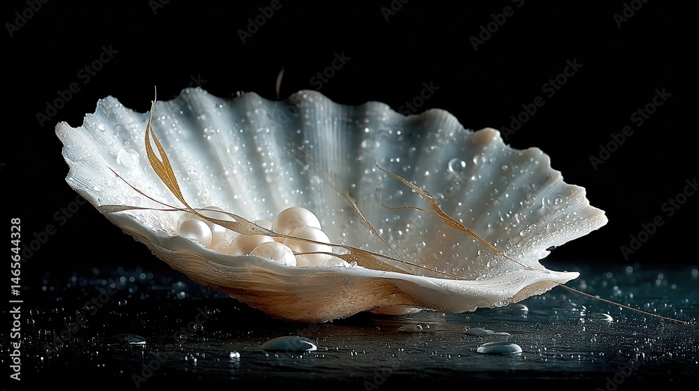 Poster elegance of shell and pearls resting on dark slate with glistening droplets and subtle seaweed