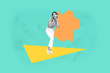 Collage of cheerful young man woman energetically among bright geometric shapes symbolizing...