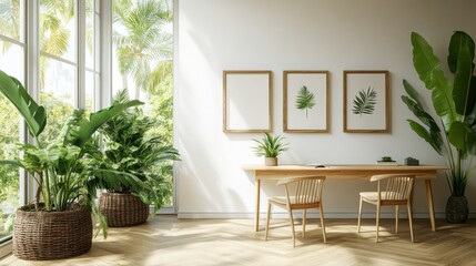 A Scandinavian home office desk with a stylish design features mock-up poster frames, numerous plants, and various office accessories, set against a backdrop of brown wooden parquet and white walls