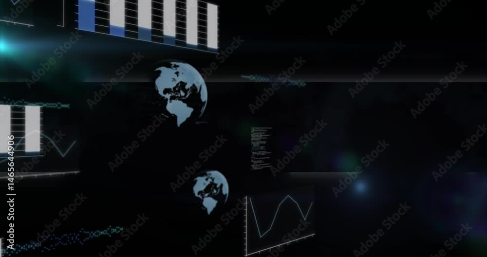Poster holographic globe rotating in dashboard displaying floating bar chart, line graph, scrolling code