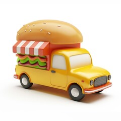 Cartoon food truck shaped like a giant hamburger.