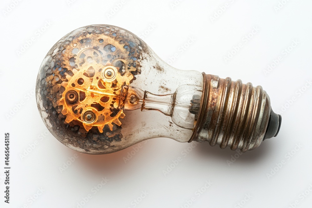Poster creative light bulb design featuring intricate golden gears, showcasing innovation and craftsmanship