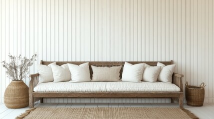 The stylish scandi interior design in this living room is characterized by a minimalistic concept and modern home decor, featuring a wooden bench, pillows, plaid, a basket, flowers, a rattan vase,