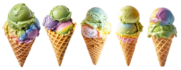 Rainbow-colored bubble waffle cone with matcha ice cream