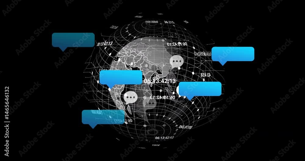 Poster semi-transparent 3d digital globe displaying grid lines and data points while chat bubbles floating