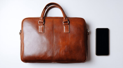 A close-up view showcases a brown leather briefcase with a smartphone on a white surface.