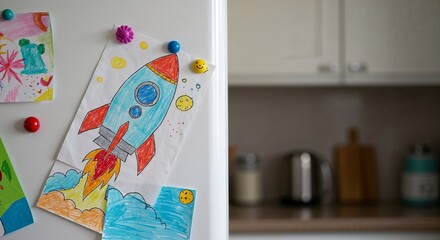 Collage of child creativity with rocket drawing on refrigerator in kitchen with magnets