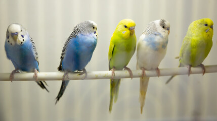 Closeup of colorful domesticated budgerigars sitting on perch in bird cage