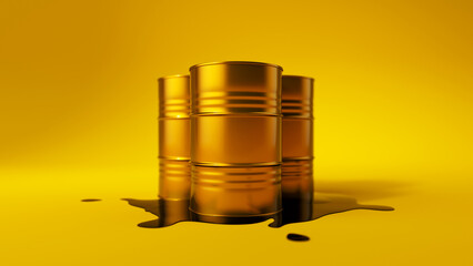 Three gold metal oil barrels stand on spilled puddle of crude oil on yellow background. Black oil pond. Industry concept. 3d render illustration