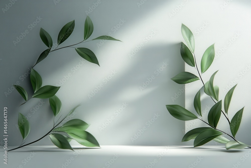 Poster Natural green leaves arranged on a simple background creating an aesthetic and serene atmosphere suitable for home decor and design ideas