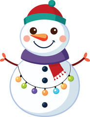 Glowing Christmas Lights Wrapped Snowman Vector with Joyful Face.