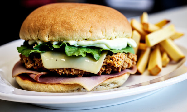 Chicken Cordon Bleu Burger: Fried Chicken Patty, Ham, Swiss Cheese in Soft Bun