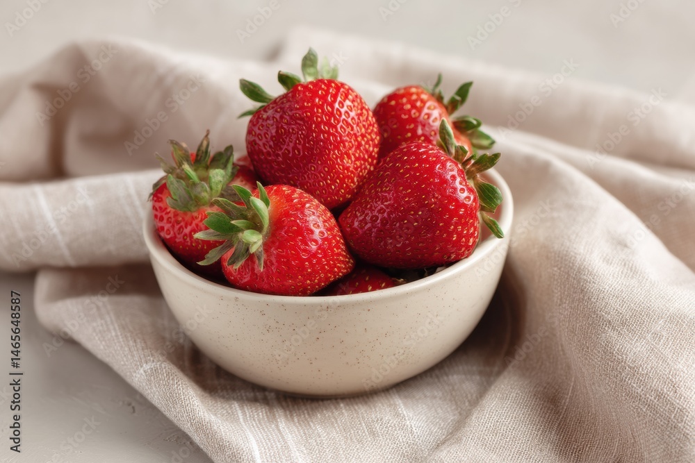 Poster fresh strawberries arranged in a small ceramic bowl on a soft linen cloth in a cozy kitchen setting 