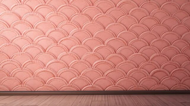 A salmon colored wall with a scalloped pattern and a wood floor in a room with baseboard trim