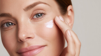 A beautiful woman carefully applying facial cream to her face for skincare treatment and hydration.