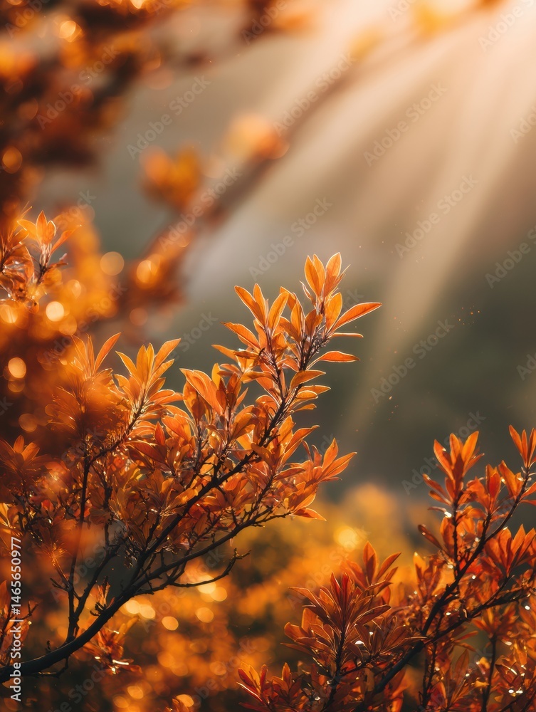 Poster Warm Sunlight Filters Through Orange Foliage, Creating an Enchanting Fall Atmosphere in a Serene Natural Setting Generative AI
