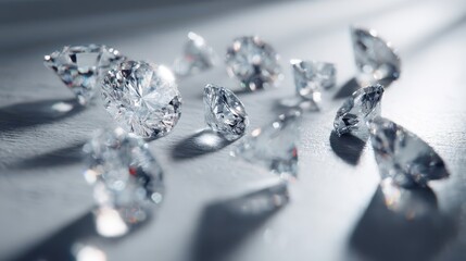 A close-up of various cut diamonds scattered on the table, all of which have different shapes and sizes