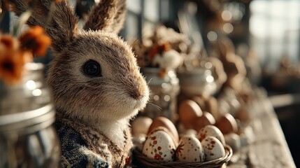 Close-up of a detailed brown rabbit figurine with textured fur near a basket of speckled eggs and floral arrangements in jars