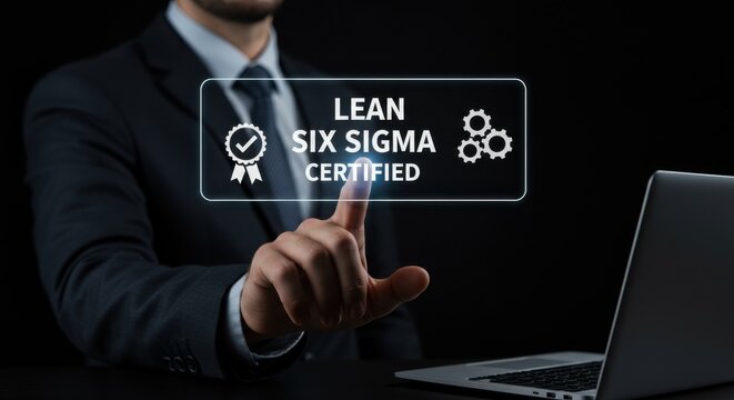 Lean six sigma certified quality process business performance improvement control optimization badge gear corporate digital touchscreen symbol management concept innovation success