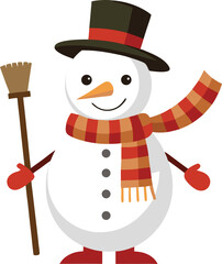 Snowman Holding Broom with Plaid Scarf and Top Hat.