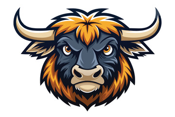 Ferocious bull with sharp horns looks forward on the white background with intense eyes