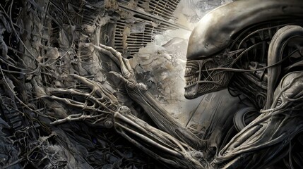 Close-up of Alien Creature with Segmented Head and Biomechanical Details in Dark Metallic Debris
