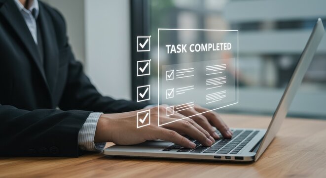 Task completion success digital checklist business professional using laptop for productivity workflow goal tracking approval validation milestone efficiency technology performance