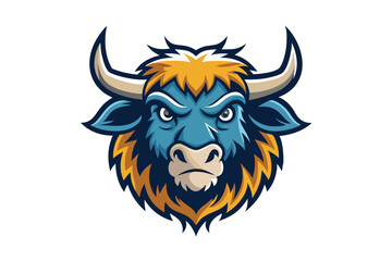 Aggressive cartoon blue bull mascot showcases fierce eyes and bold horns on a white background