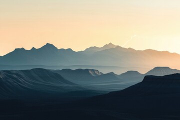 Naklejka premium Serene sunset over layered mountains, a lone lightning strike illuminating the scene.
