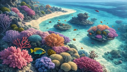 Aerial view of a colorful coral reef in crystal clear tropical water