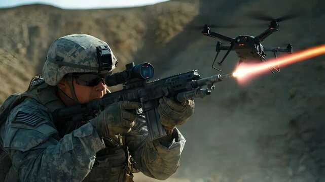 Soldier conducts precision shooting while drone assists in training simulation in desert environment
