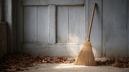 Straw broom stands by a weathered door, dry leaves scattered on the ground, creating a rustic autumn scene