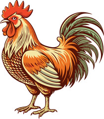 Vintage Farm Rooster Vector Illustration with Etching Details.