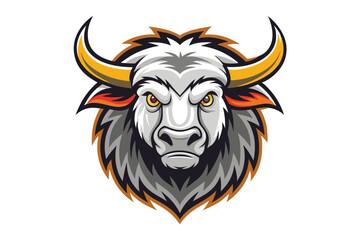 Frontfacing mascot head shows an angry bull with golden horns and intense eyes