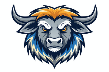 Fierce bull head has sharp horns and menacing eyes looking forward intensely