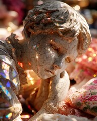 Close-up of Weathered Cracked Statue of Young Girl with Reflective Surface and Detailed Hair and Clothing