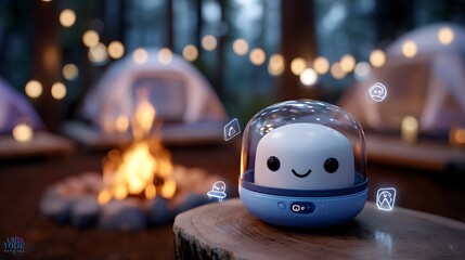 Fototapeta premium Nightlight, Smiling Face, Blue, Glowing Orb, Camping, Kids' Room Decor