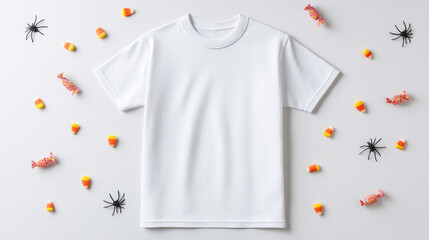 Halloween white t shirt featuring candy corn, spider pattern creating playful seasonal graphic print