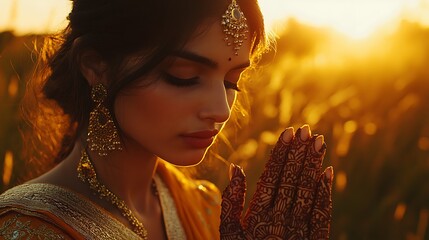Golden sunset portrait of a woman with henna hands.