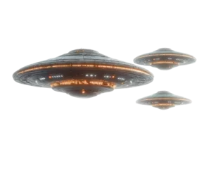 Fototapete Alien encounter in the sky ufos over a futuristic cityscape digital isolated on transparent background © Karina