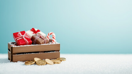 Festive wooden sleigh with wrapped presents and gold coins on snowy surface