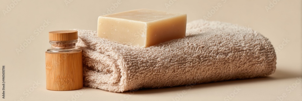 Aufkleber Relaxing Spa Setup With a Natural Soap Bar and Fluffy Towel on a Beige Backdrop Generative AI