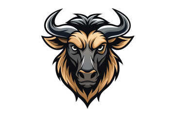 Wildebeest Mascot with Curved Horns Shows Fierce Expression on a White Background