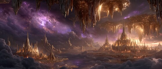 Futuristic Golden Cityscape Amidst Clouds and Nebula with Tall Spire Buildings and Illuminated Structures