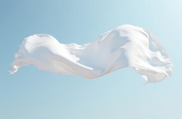 Fototapeta premium white silk scarf floating gracefully in the air, delicate fabric billowing against a clear blue sky, minimalistic and serene outdoor scene