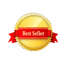 Golden "Best Seller" badge with red ribbon and Sunburst Design on transparent background
