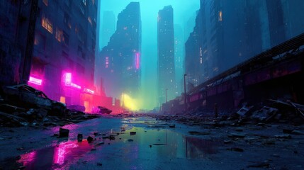 Futuristic Ruined City Street at Night with Neon Lights, Debris, and Damaged Vehicles