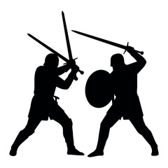 Medieval Sword Fight Silhouette Warriors Duel , Knights in armor with sword in battle vector silhouette isolated.